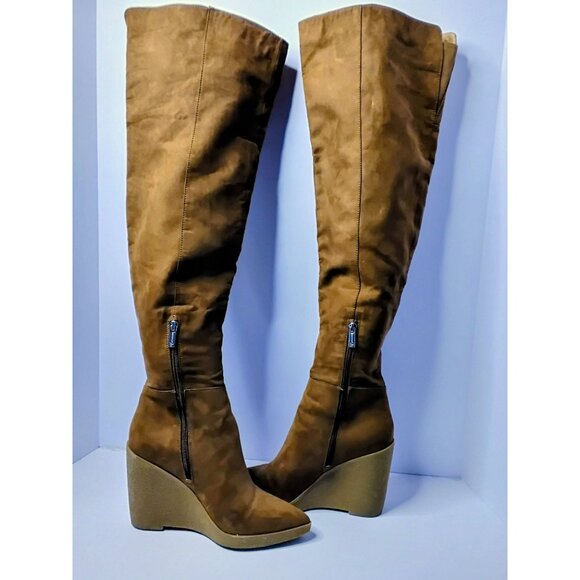 JS-Cassida Brown Faux Suede Over-The-Knee Wedge Boots Size 8.5M With Side Zipper - Picture 3 of 6